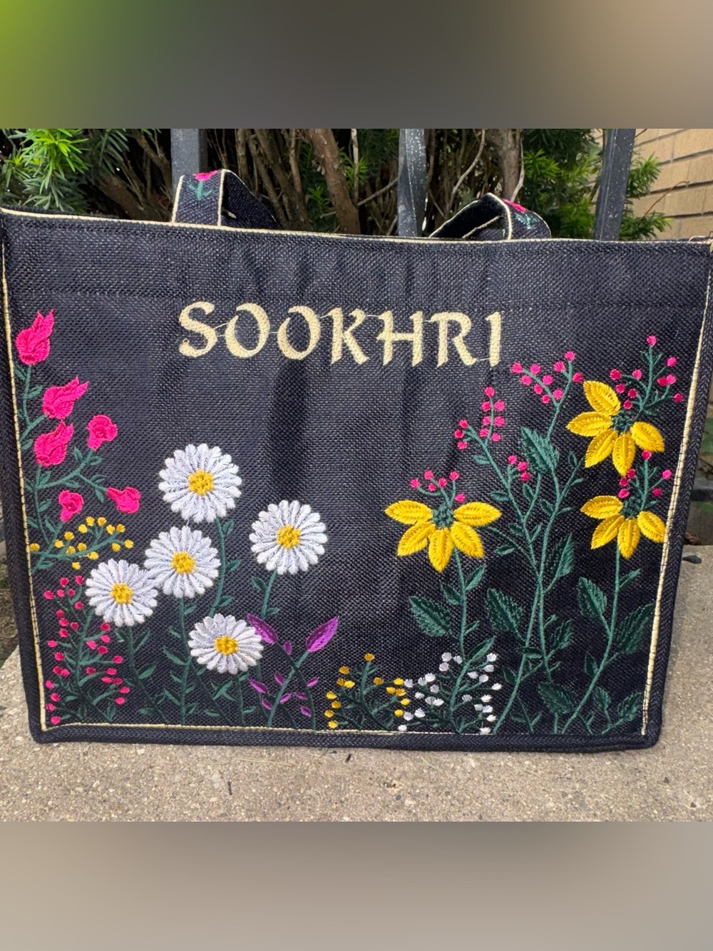 Sookhri Large Black Jute Floral Lined Tote Bag